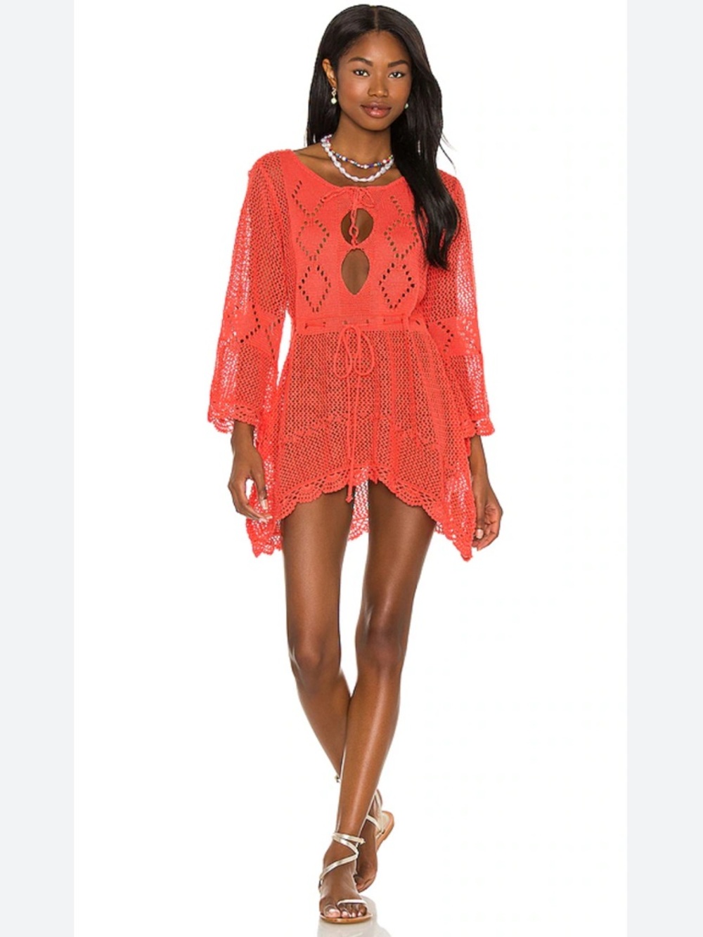Open-Knit Coral Beach Coverup Tunic with Tie Waist